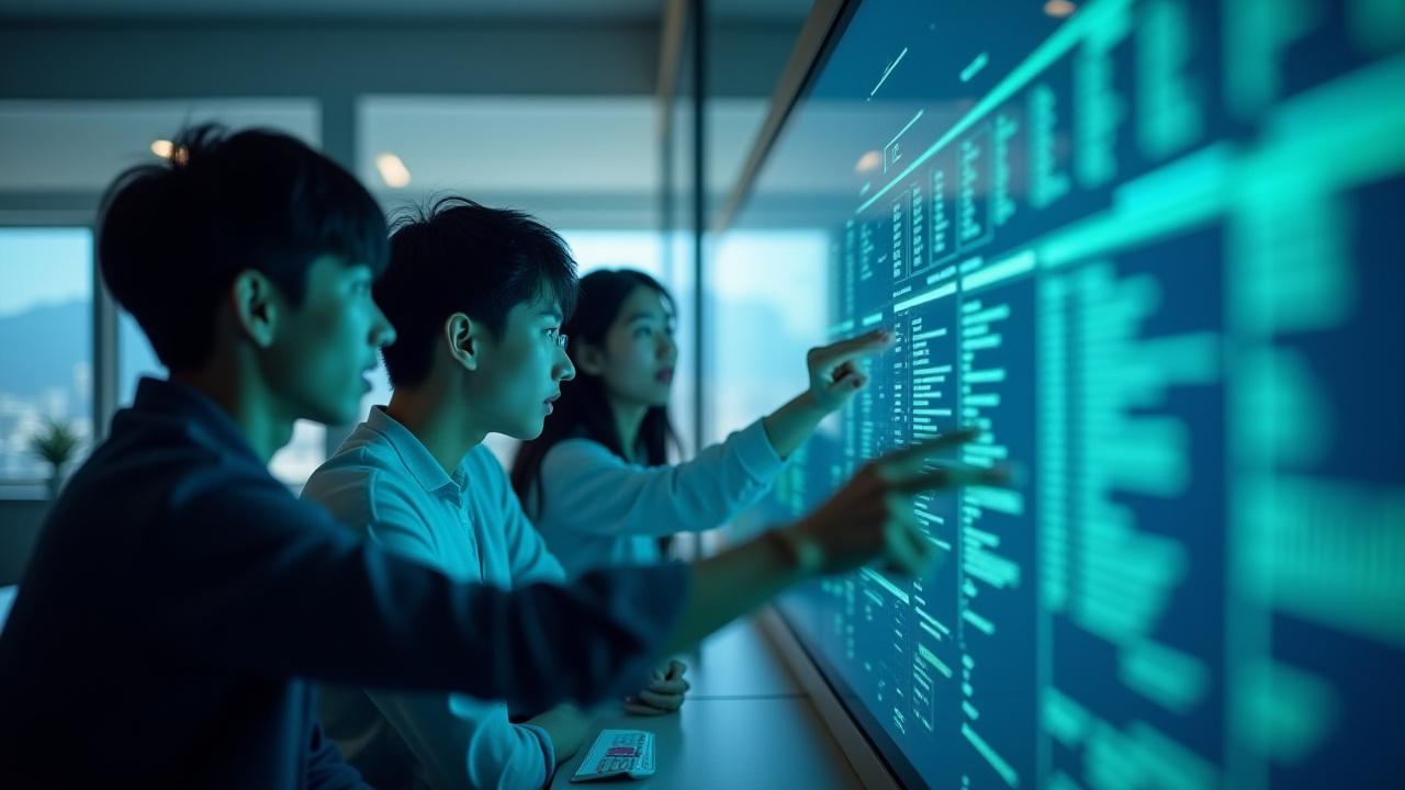 다양한 학생들이 대형 화면 앞에서 협력하며 프로젝트를 수행하는 모습